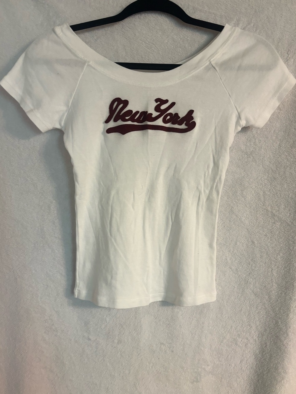 Brandy Melville White Scoop Neck Tee with Maroon "New York" Script